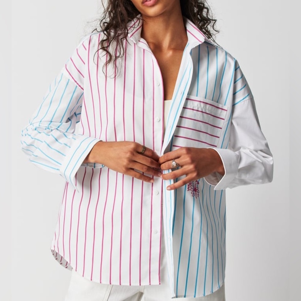 New WNU x Free People The Weekend Med Pink Blue Organic Cotton Poplin Striped